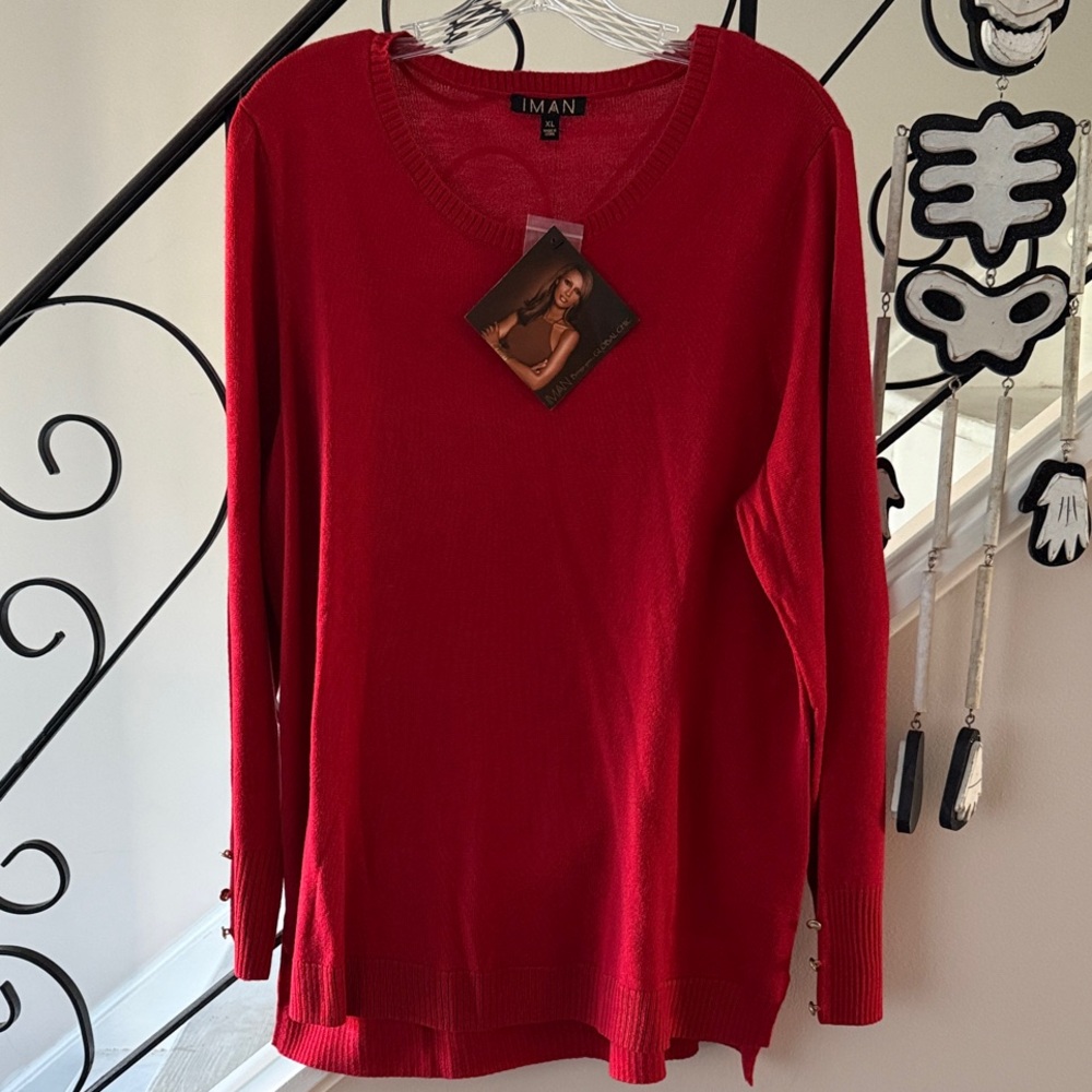 IMAN Classic Women's Red Long Sleeve Pullover Sweater Gold Buttons